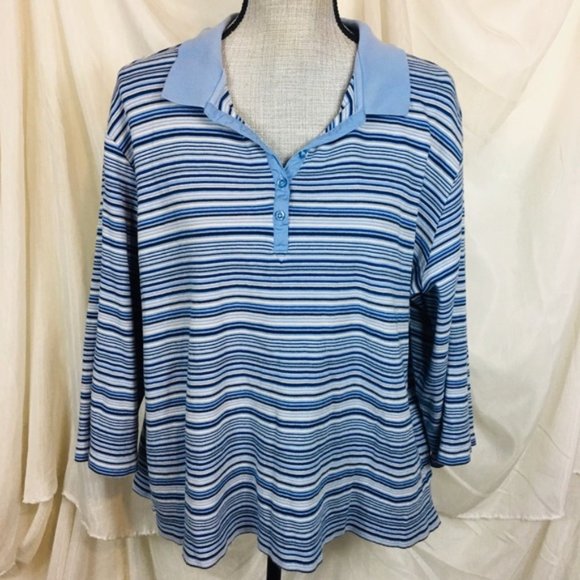 Y2K Classic Elements Plus Size 20 22 Blue Striped Shirt Top Collared Stretch - Picture 1 of 7